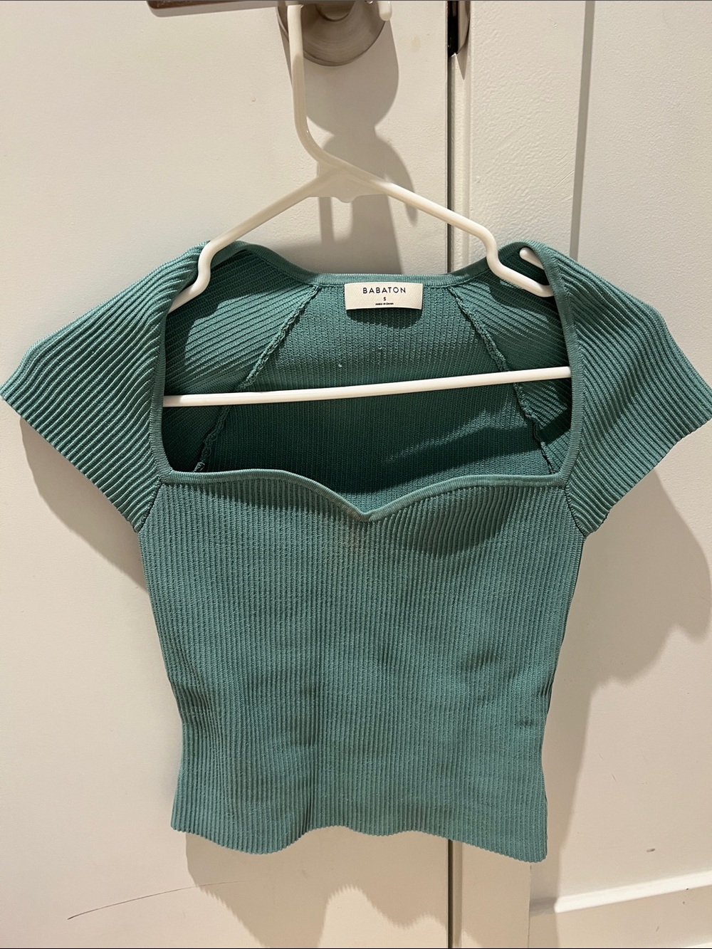 Babaton Teal Rib-Knit Square Neck Crop Top